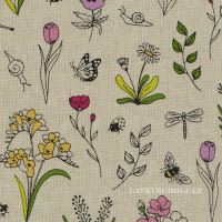 Fabric meadow flowers animals bee on solid color 202179