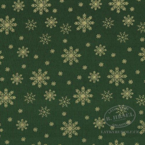 Látka Vánoční vločky na zelené zlatotisk 103572