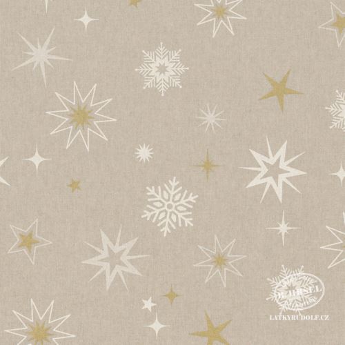 Látka Vánoční hvězdy bílé-zlaté na pevné režné 201875
