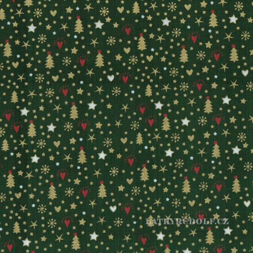 Látka Vánoční stromky na zelené 103816 zlatotisk popelín