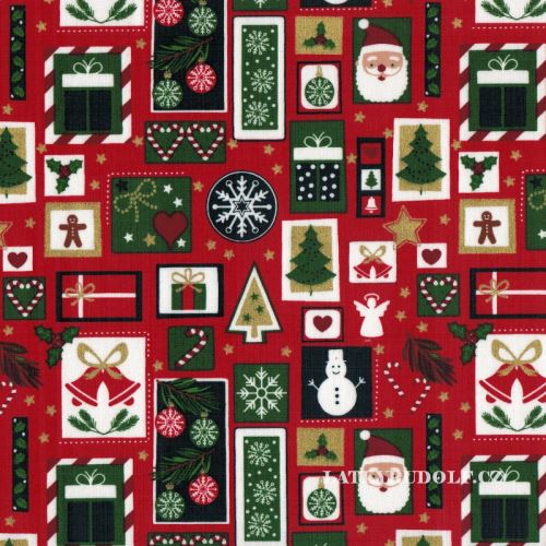Látka Vánoční patchwork na červené zlatotisk 103818 popelín