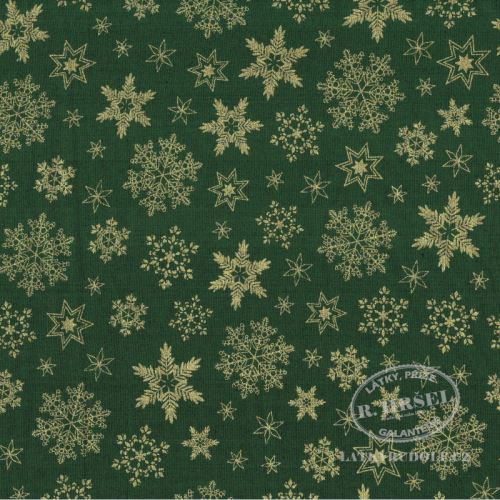 Látka Vánoční hvězdy a vločky na zelené zlatotisk 103731