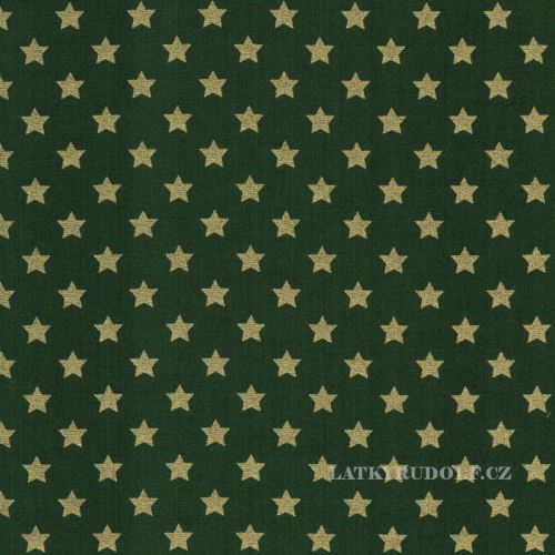 Látka Vánoční hvězdy na zelené 103814 zlatotisk popelín