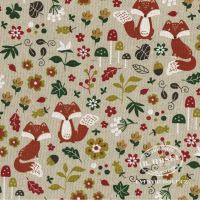 Fabric Fox and mushrooms on linenlook ground 202110